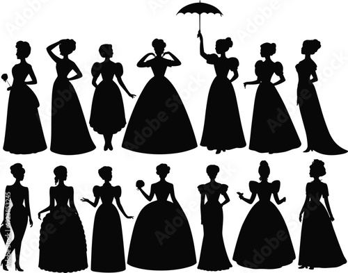 Victorian Women Silhouette Collection Featuring Elegant 19th Century Dresses, Umbrellas and Vintage Fashion Poses Isolated on White Background for Design