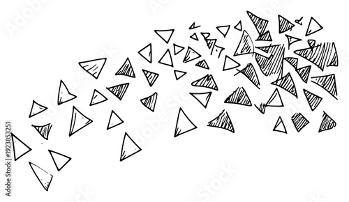 Abstract doodle illustration of textured triangles flying across a white background