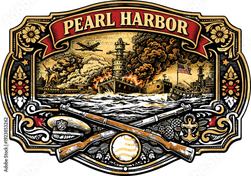 Pearl Harbor WWII Historic Belt Buckle Vector Art