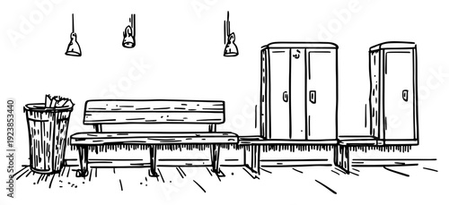 Interior of a sports locker room with wooden bench and lockers in hand drawn sketch style