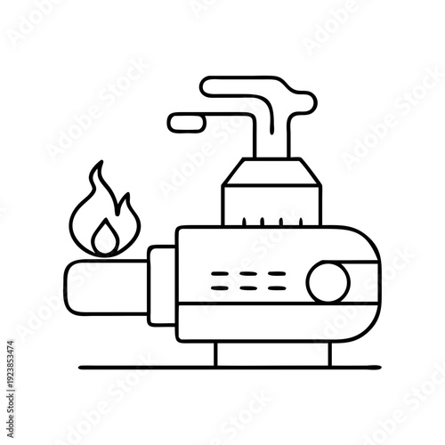 Black and white line drawing of furnace with flame coming out