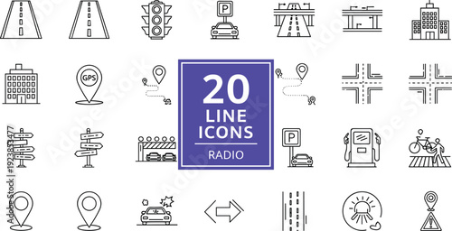 Road and traffic line icons set with parking GPS transport signs vector illustration collection