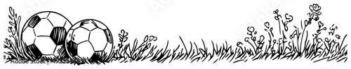 Hand drawn doodle of two soccer balls lying in the meadow among flowers