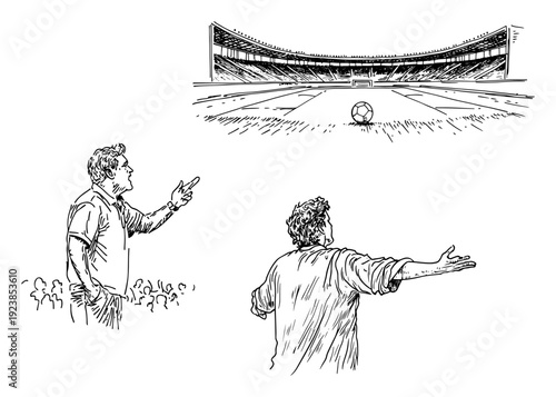 Set of hand drawn soccer sketches with a stadium and coaches shouting instructions