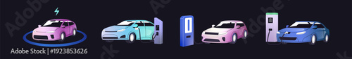 Charging stations with electric cars set. Modern electro automobiles recharge on auto chargers. City parking for eco friendly transport with plugs for energy. Flat isolated vector illustrations.