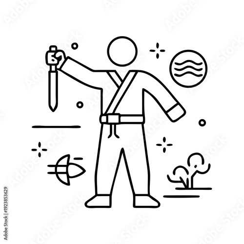 Minimalist Karate Master with Sword and Elemental Symbols Line Art