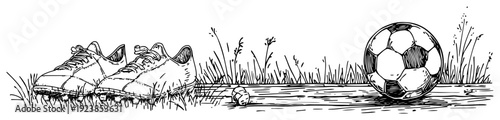 Sketchy hand drawn doodle of soccer shoes and a ball in tall grass