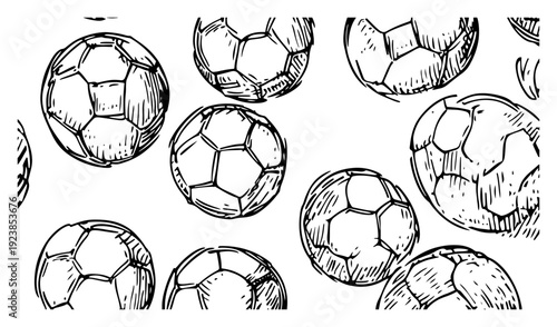 Pattern of multiple hand drawn soccer balls in various angles and positions