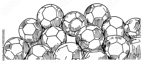 Hand drawn doodle illustration of a large pile of soccer balls stacked together