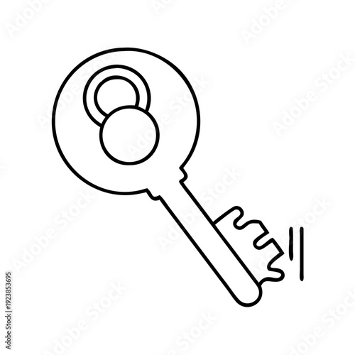 Simple black and white outline drawing of a key opening a door