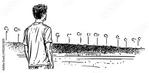 Soccer player looking at an empty stadium under floodlights hand drawn doodle