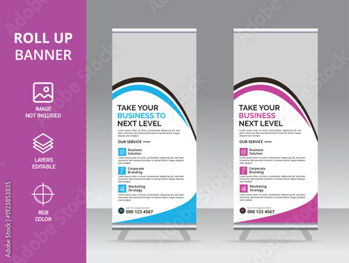 Business rollup banner template design, modern x banner design, stand template, and flag-banner advertising. Vector illustration