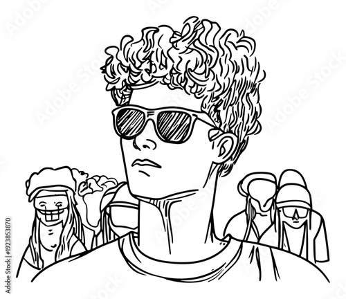 Cool young man with curly hair and sunglasses looking sideways sketch