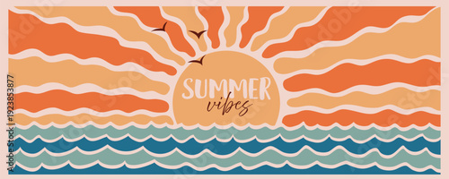 Summer vibes. Sunny horizontal banner with with sun and sea. Groovy retro background in naive style. Hippie Aesthetic