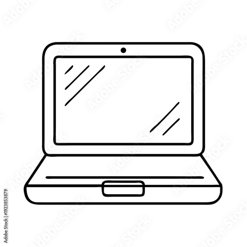 Simple black and white line art illustration of an open laptop
