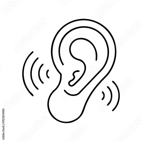 An outline illustration of a human ear with sound waves emanating outwards
