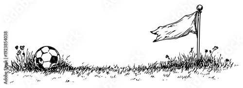 Hand drawn sketch of a soccer ball and a corner flag in tall grass