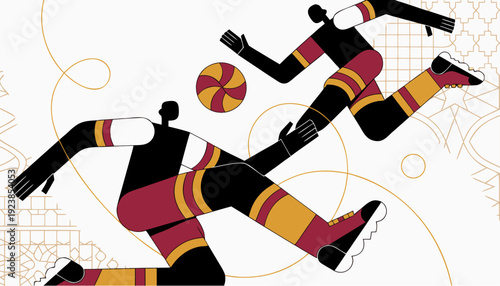 A vibrant vector illustration of three soccer players in action, kicking a ball in a dynamic composition.