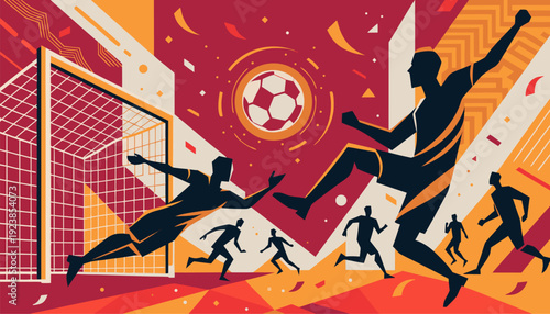 A vibrant vector illustration of soccer players in action with a goal and ball