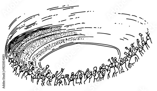 Crowd of fans with raised hands watching a match in a large stadium doodle