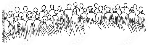 Large group of people standing in a crowd viewed from behind in doodle style