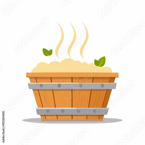 Steaming Oatmeal in Wooden Bowl with Mint, Healthy Breakfast Illustration