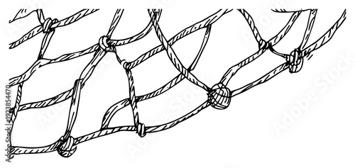 Detailed close up of a knotted rope net with mesh pattern hand drawn line art
