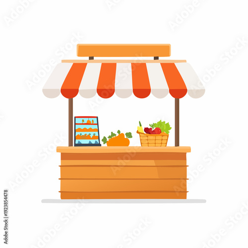 Fresh produce market stall with vegetables and fruit, vector illustration.