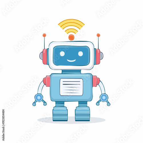 Cute cartoon robot with wifi symbol over head, technology concept