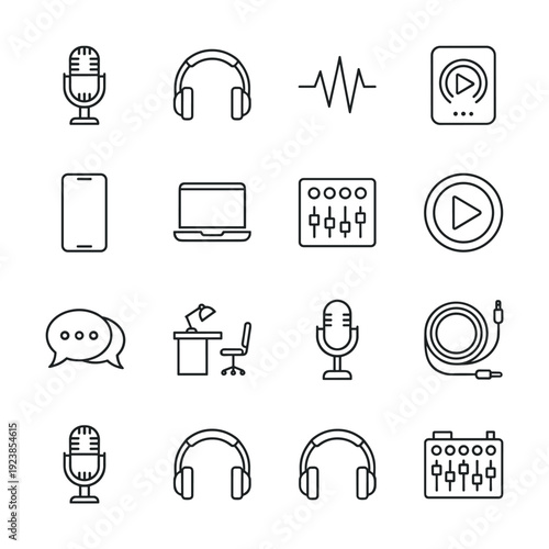Collection of podcasting and audio recording equipment icons on a white background