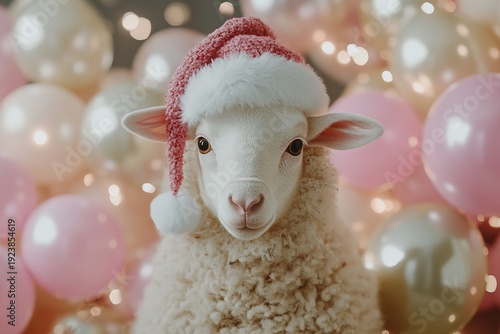 Festive Sheep Celebrating Christmas with Santa Hat, Colorful Balloons, and Joyful Party Elements