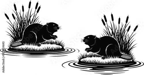 Beaver wildlife silhouette illustration with reeds and water ripples, symmetrical black vector design for nature, animal, conservation, river habitat themes artwork branding