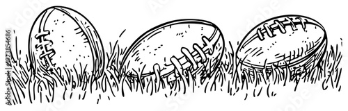 Three american football balls resting on a field of grass hand drawn sketch
