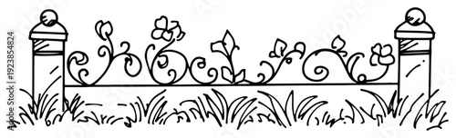 Decorative wrought iron fence with floral ornaments and grass hand drawn sketch