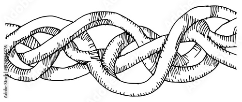Abstract textured pattern of intertwined tubes and intertwined ropes in hand drawn line art