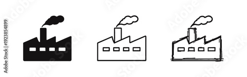 Single Chimney Factory Icon Set Depicting Industrial Building and Smoke Emissions