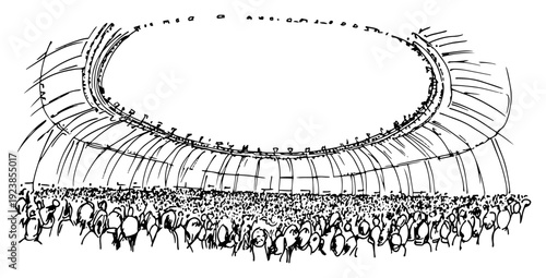 High angle view of a massive stadium filled with a cheering crowd in doodle style