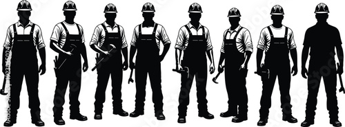 Construction worker silhouettes standing in a row with tools and safety helmets, industrial labor teamwork concept, professional builders vector illustration isolated on white background