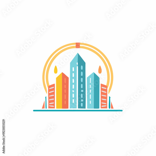 Abstract illustration of cityscape design, colorful buildings and ring