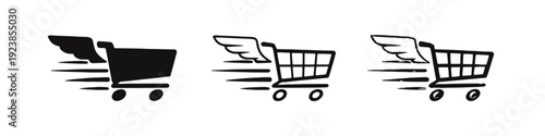 Winged Shopping Cart Icons Set - Flying Fast Delivery and E-commerce Symbols in Various Styles
