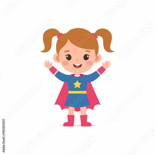Little Girl Dressed as a Superhero with Arms Raised