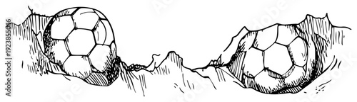 Two soccer balls breaking through a rocky surface in a dynamic hand drawn style