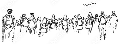 Group of travelers with backpacks walking away in hand drawn sketch