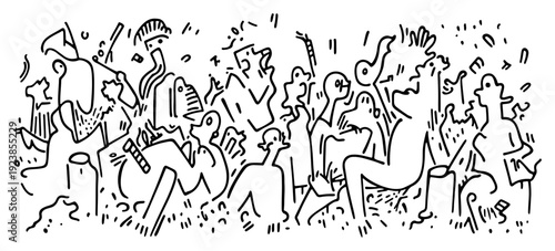 Abstract chaotic crowd of people playing instruments in artistic doodle style