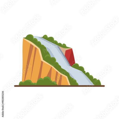Cartoon landscape illustration of a hillside with a river or stream running down
