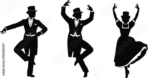 Elegant vintage ballroom dancers silhouettes performing classic dance poses in formal attire, traditional cultural performance vector illustration isolated on white background