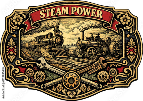 Steam Power Locomotive Vintage Belt Buckle Vector
