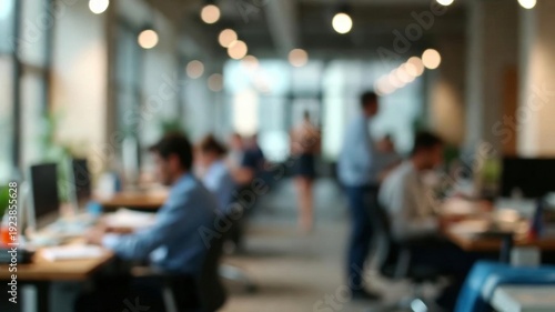 Modern office producing blurred background. People working and moving in a big corporate workplace