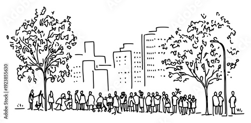 City park scene with people standing in line between trees and urban buildings