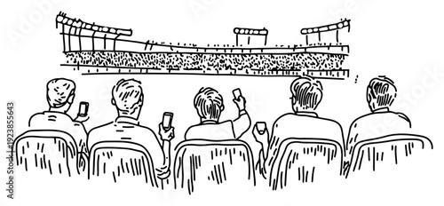 Group of men sitting in stadium seats watching a match and taking photos with smartphones